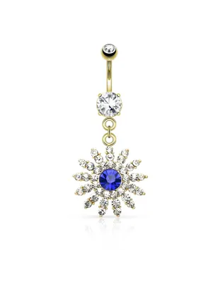 Piercing nombril plaqué or fleur gemme bleu