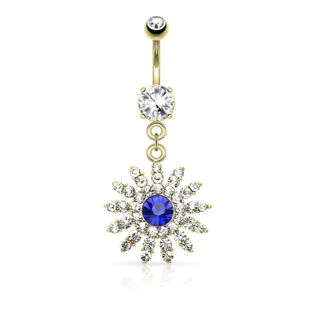 Piercing nombril plaqué or fleur gemme bleu