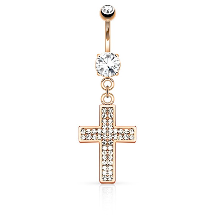 Piercing nombril or rosé croix pavée strass
