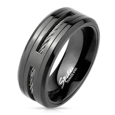 Bague homme acier noir cables
