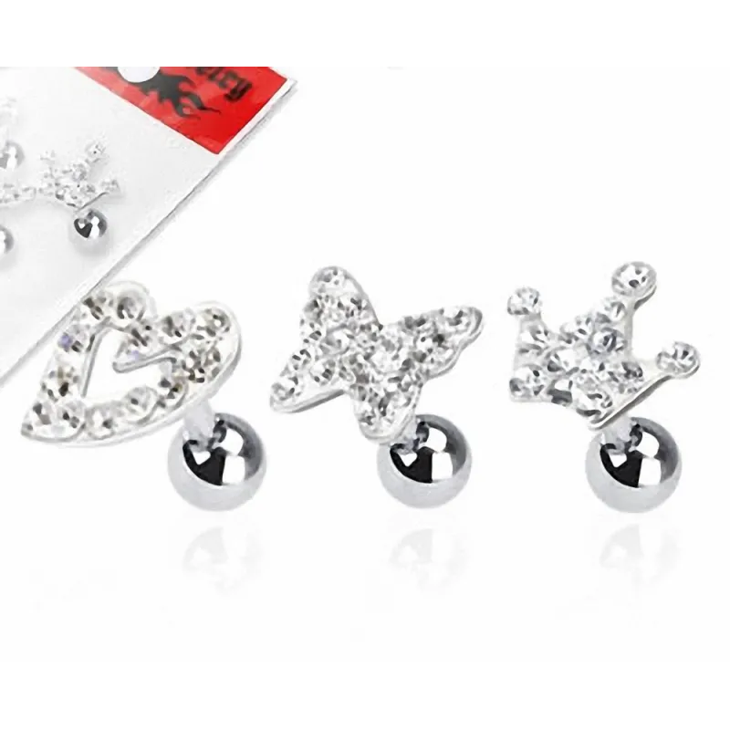 Lot de 3 piercing cartilage fantaisie strass clair