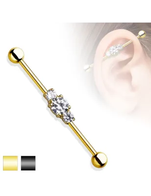Piercing industriel triple gemmes doré