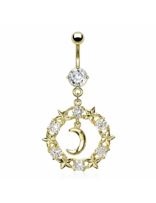 Piercing nombril plaqué or lune étoiles