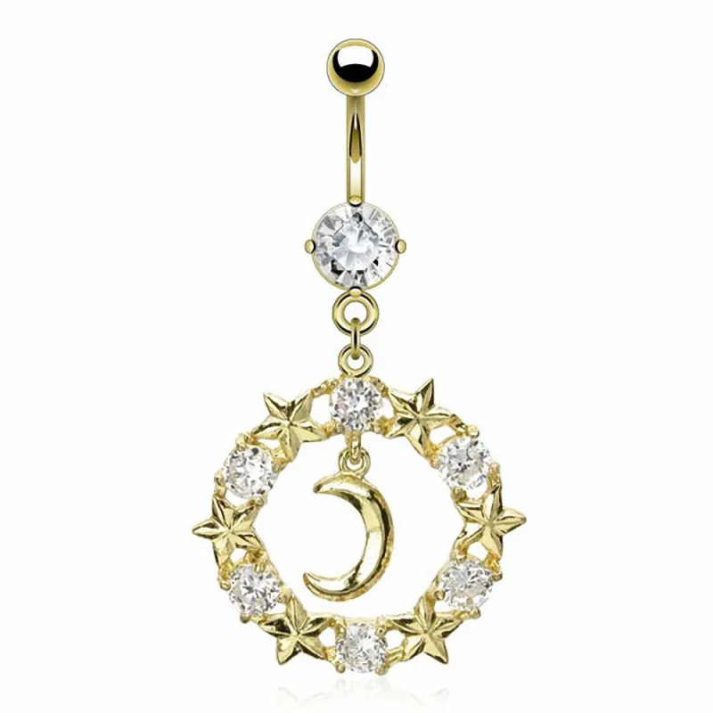 Piercing nombril plaqué or lune étoiles