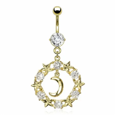 Piercing nombril plaqué or lune étoiles