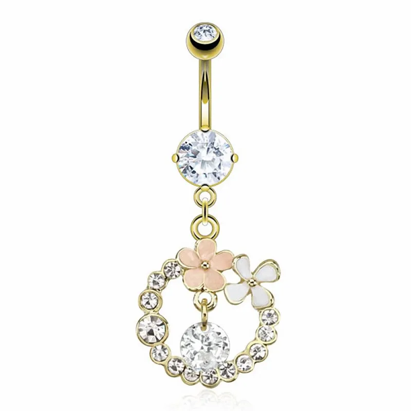 Piercing nombril doré couronne fleurs