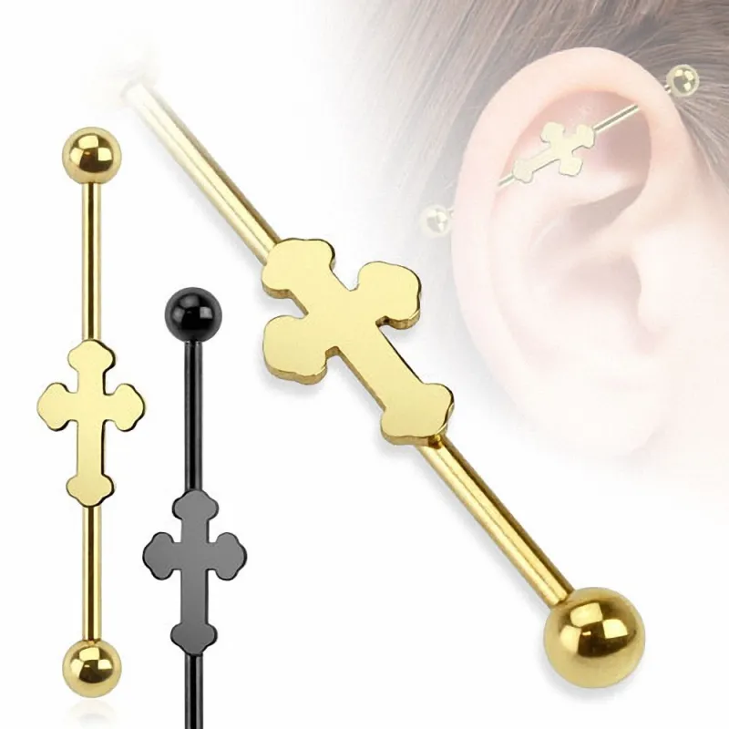 Piercing industriel oreille croix médiévale Piercing industriel oreille croix médiévale