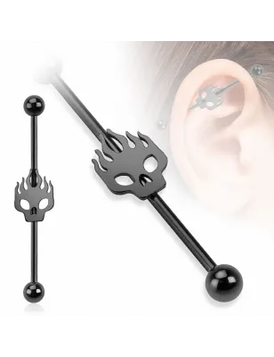 Piercing industriel crâne en flammes noir