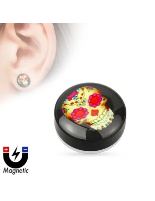 Faux piercing plug magnétique sugar skull violet