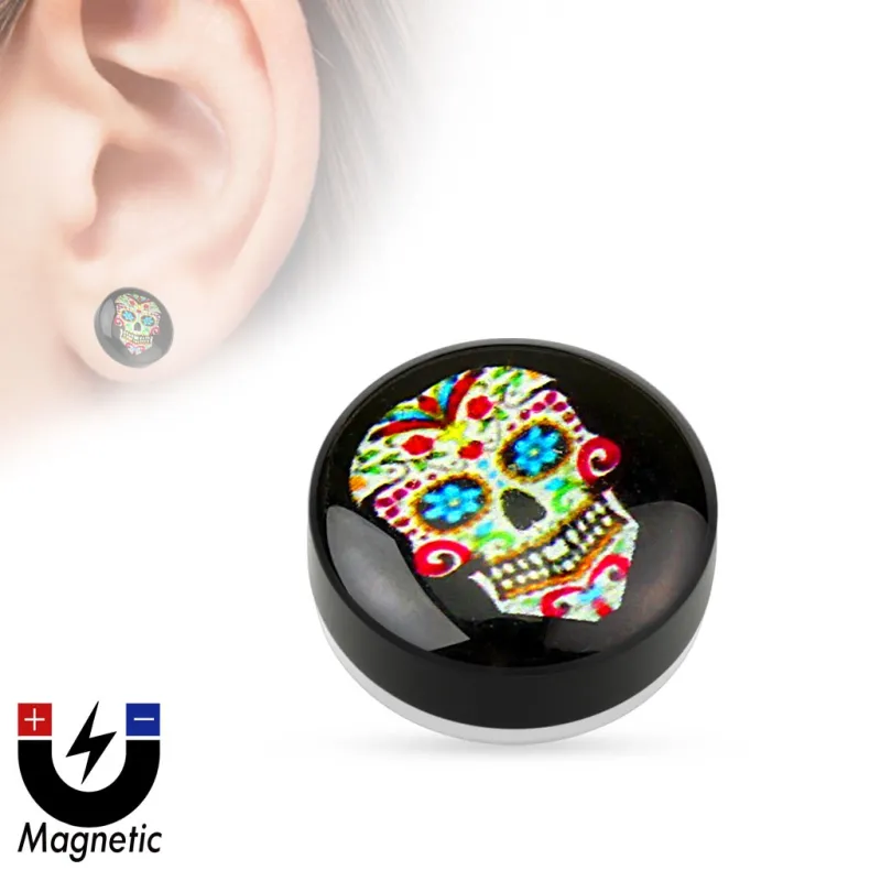 Faux piercing plug magnétique sugar skull bleu