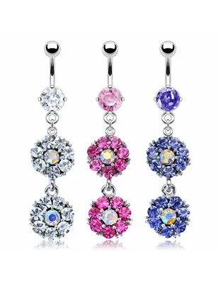 Piercing nombril acier chirurgical Double Fleur Gemmes