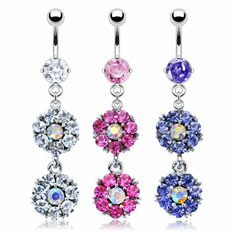 Piercing nombril acier chirurgical Double Fleur Gemmes