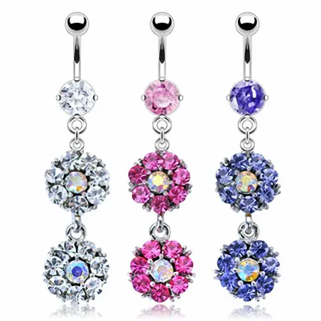 Piercing nombril acier chirurgical Double Fleur Gemmes