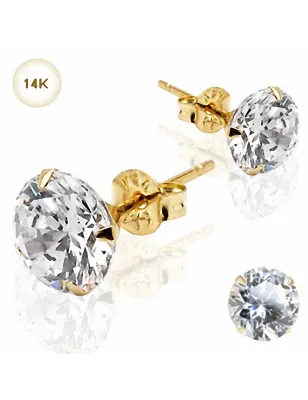 Paire Boucles d'oreille Clous Pierre Ronde Or Jaune 14K