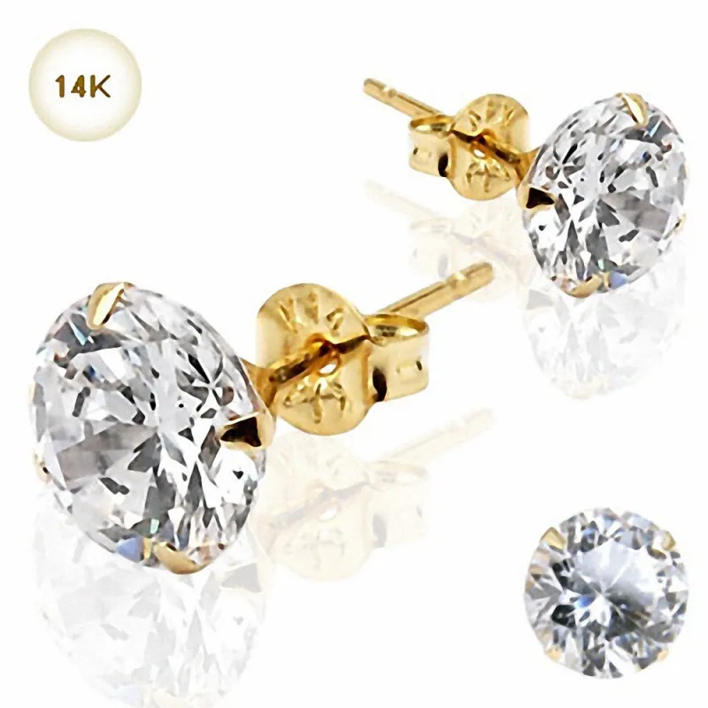 Paire Boucles d'oreille Clous Pierre Ronde Or Jaune 14K