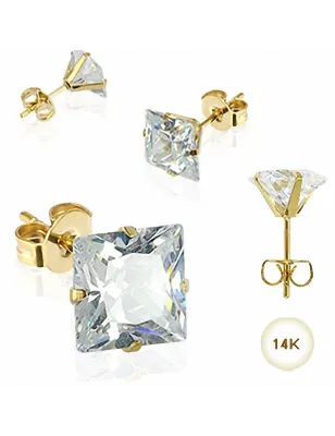 Paire Boucles d'oreille Clous Pierre Carrée Or 14K