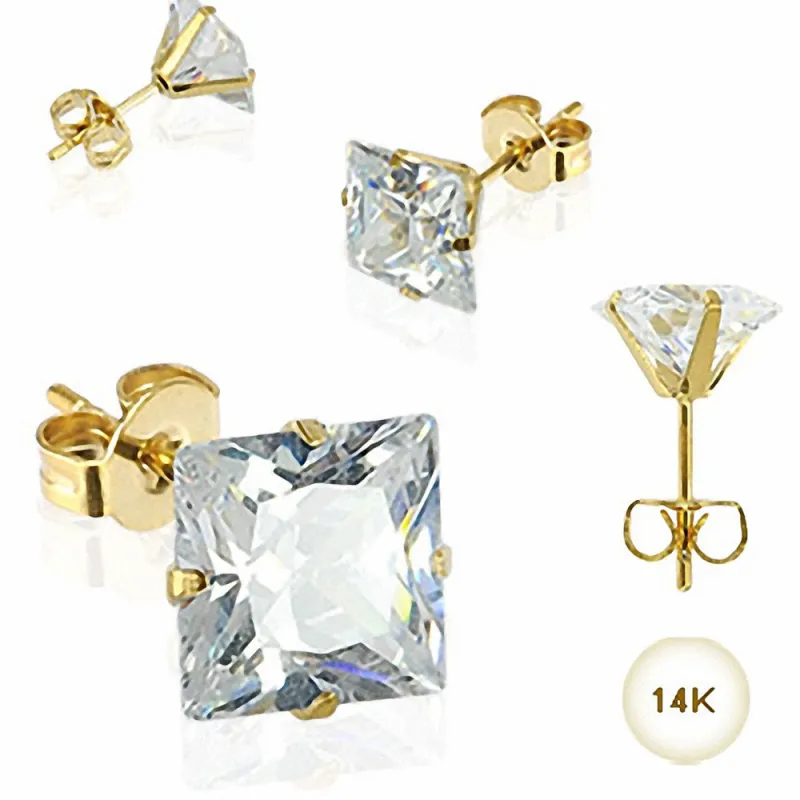 Paire Boucles d'oreille Clous Pierre Carrée Or 14K