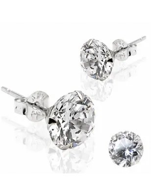 Paire Boucles d'oreille Clous Pierre Ronde Or Blanc 14K