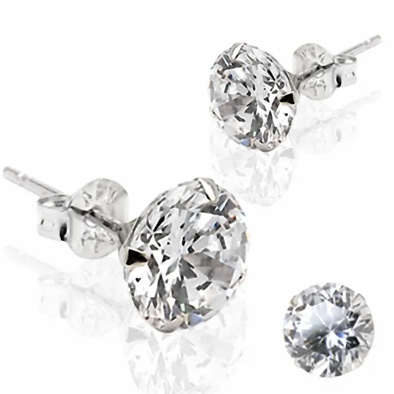 Paire Boucles d'oreille Clous Pierre Ronde Or Blanc 14K