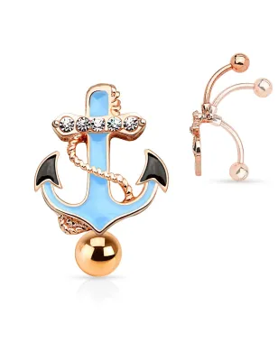 Piercing nombril inversé ancre marine or rose
