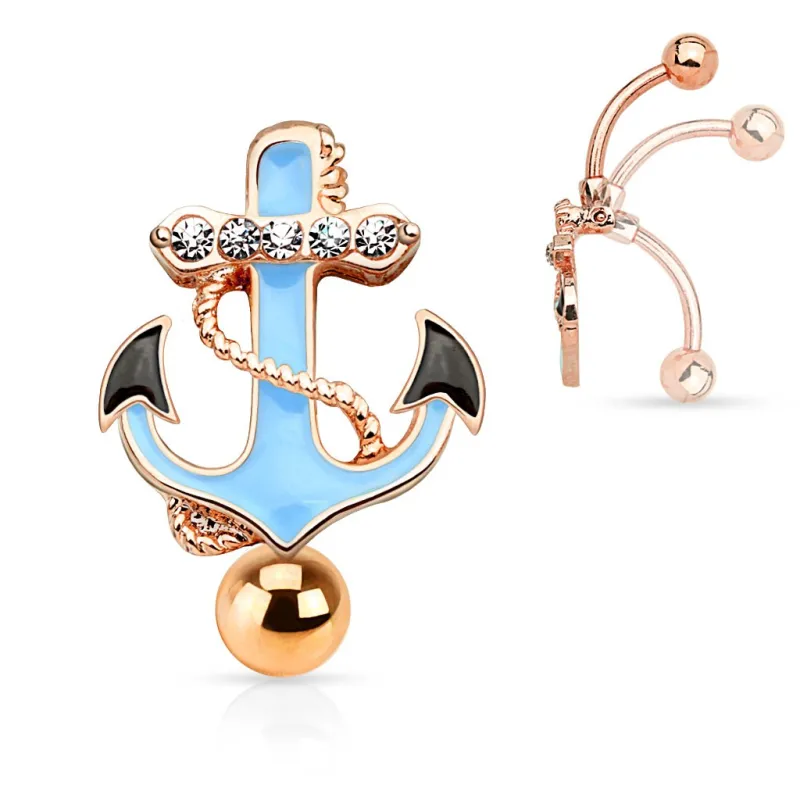 Piercing nombril inversé ancre marine or rose