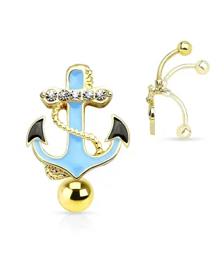 Piercing nombril inversé plaqué or ancre marine