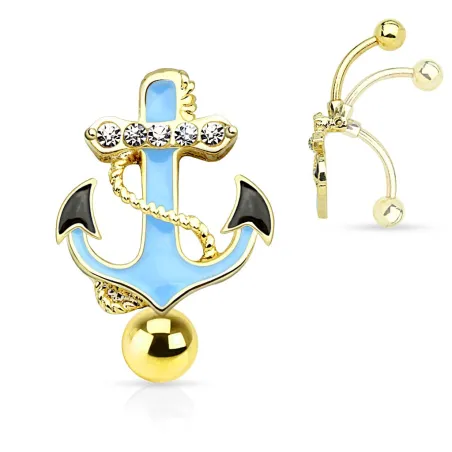 Piercing nombril inversé plaqué or ancre marine