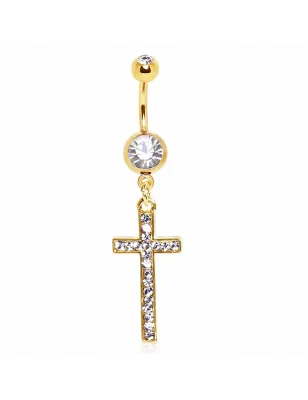 Piercing nombril plaqué or croix pavée