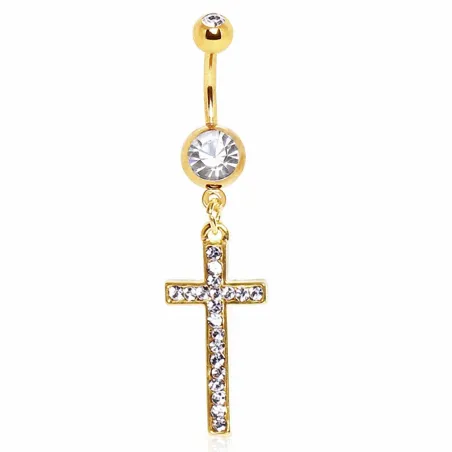 Piercing nombril plaqué or croix pavée