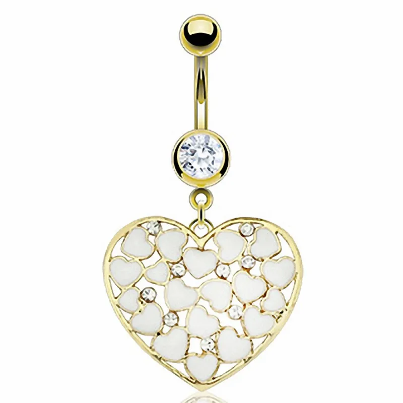 Piercing nombril plaqué or coeurs blancs