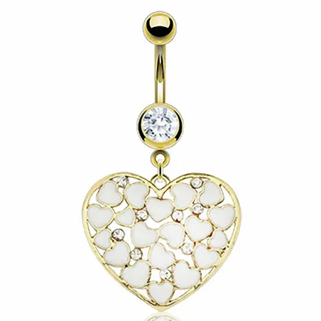 Piercing nombril plaqué or coeurs blancs