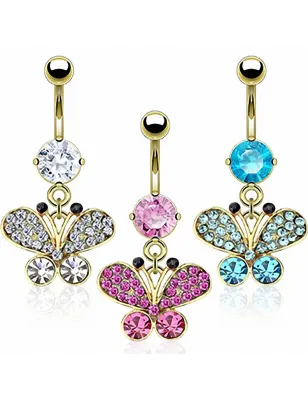 Piercing nombril Plaqué Or Papillon Gemmes