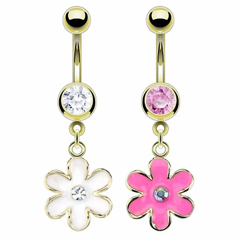 Piercing Nombril acier chirurgical Doré Fleur Epoxy