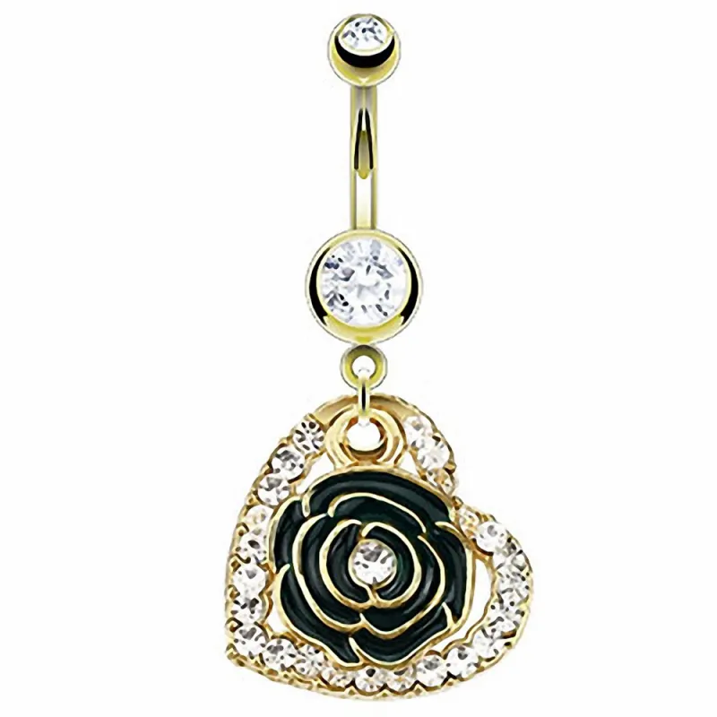 Piercing nombril plaqué or coeur fleur noire