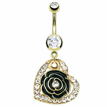 Piercing nombril plaqué or coeur fleur noire