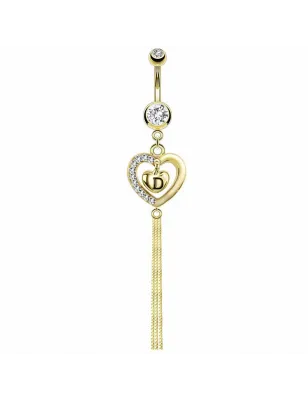 Piercing nombril plaqué or double coeur chaine