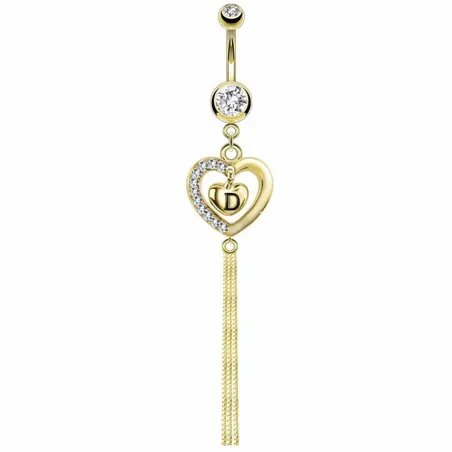 Piercing nombril plaqué or double coeur chaine