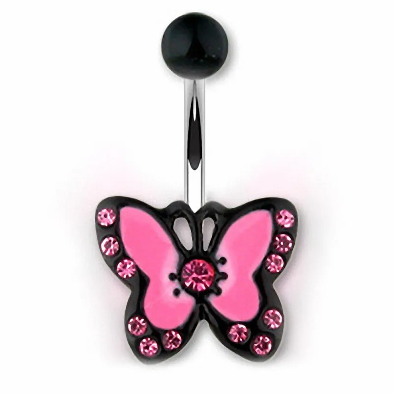 Piercing nombril papillon noir et rose