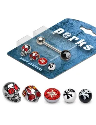 Pack Piercing Langue Acier Têtes de mort Rouge - Bijou Piercing Langue