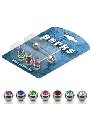 Pack Piercing Langue Acier + 7 Boules serties de Gemmes - Bijou Piercing Langue