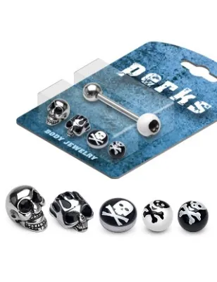 Pack Piercing Langue Acier Têtes de mort Noir - Bijou Piercing Langue