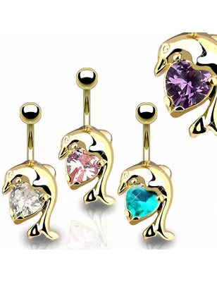 Piercing Nombril Plaqué Or Dauphin et Gemme Coeur