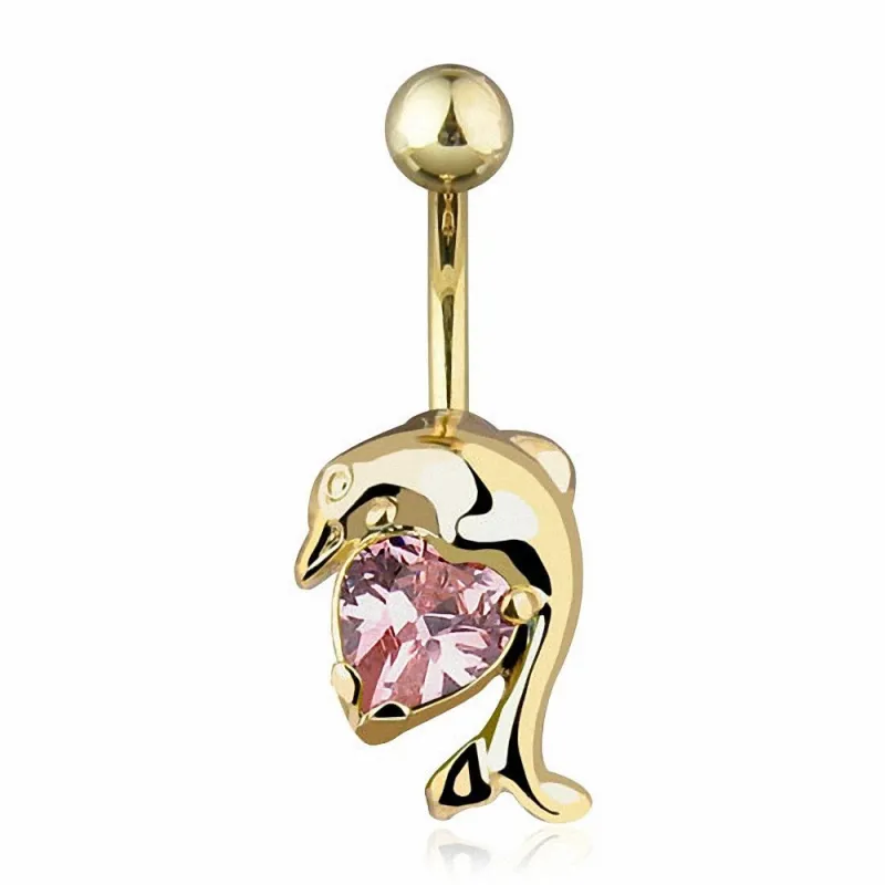 Piercing Nombril Plaqué Or Dauphin et Gemme Coeur