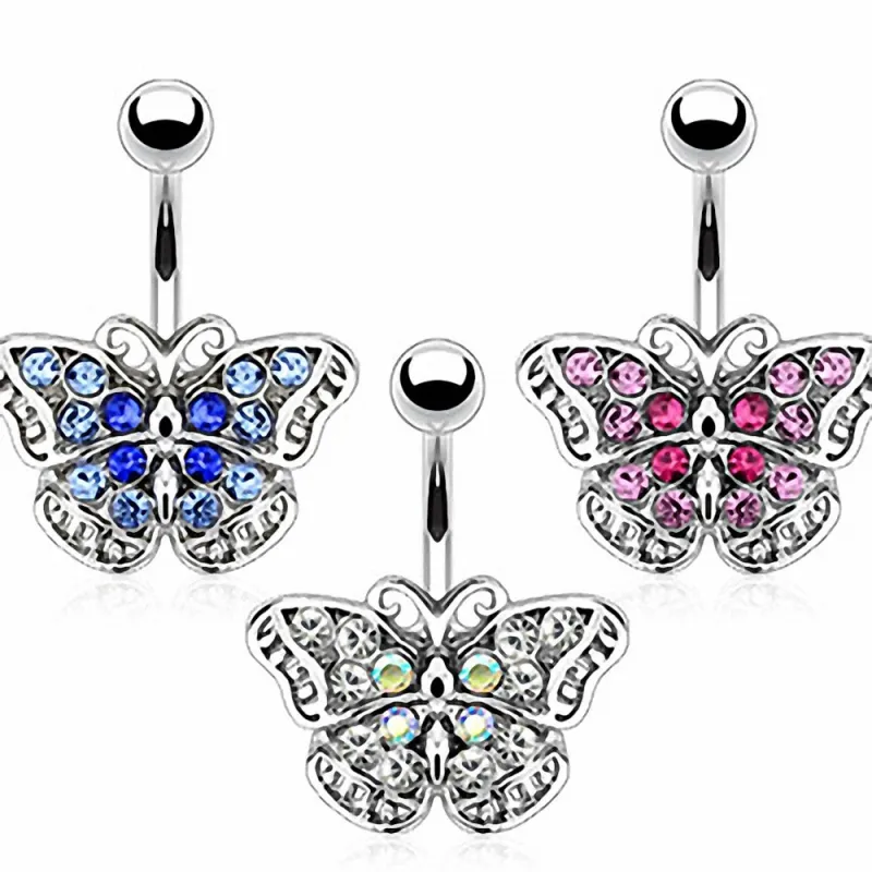 Piercing nombril Acier Papillon Gemmes