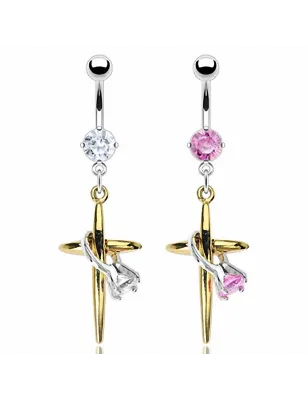 Piercing nombril Croix Plaqué Or et Mini Bague