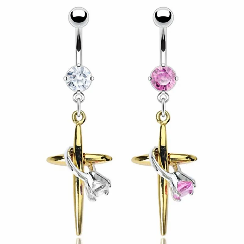 Piercing nombril Croix Plaqué Or et Mini Bague