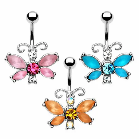 Piercing nombril acier chirurgical Papillon Strass