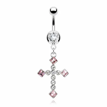 Piercing nombril croix clair rose