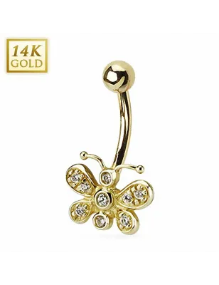 Piercing nombril Or 14 carats papillon strass
