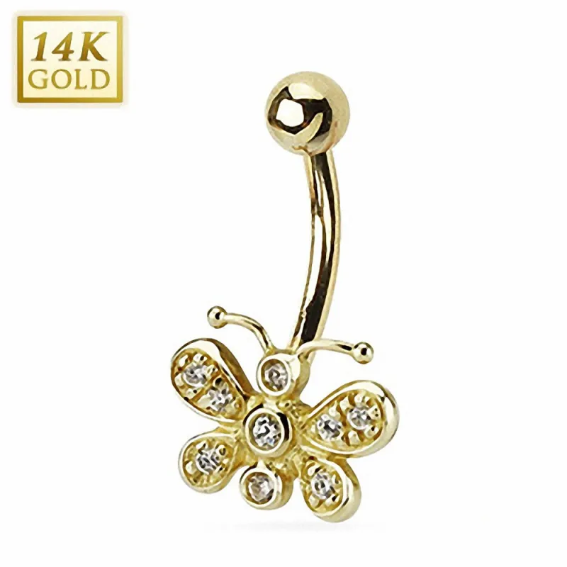 Piercing nombril Or 14 carats papillon strass